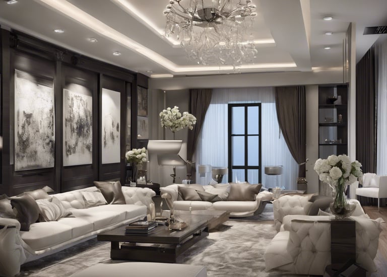 a living room with a chandelier and a chandelier