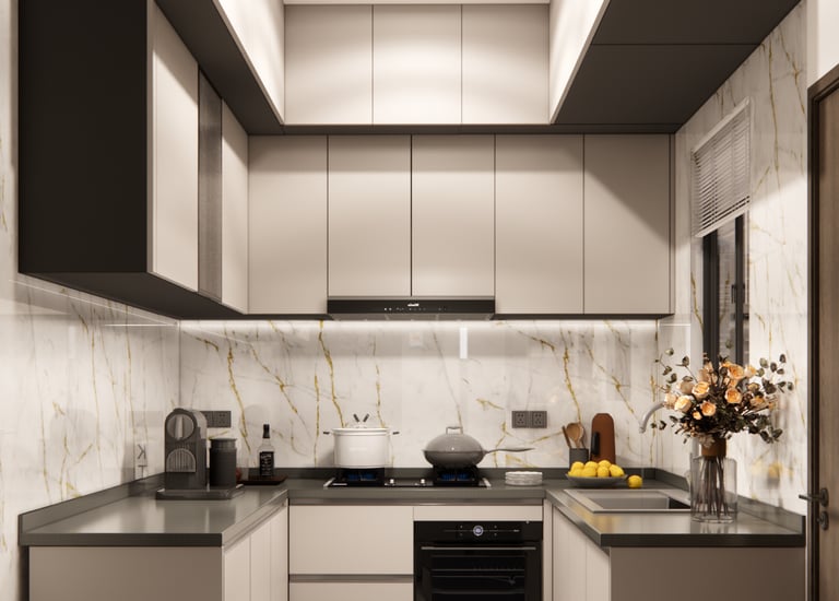 Stylish interior design for modular kitchen with granite countertops, ample storage and integrated lighting by CASA DESIGNERS