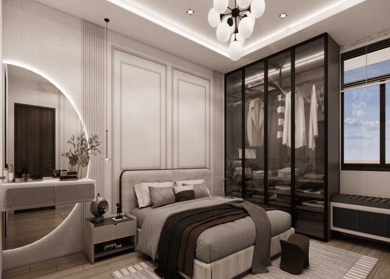 Stylish interior design for master bedroom featuring cot, bed back panel, coordinated bed dressing and spacious wardrobe