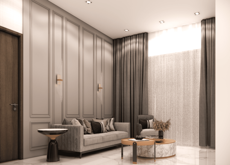 Interior design detail of living room sofa back panel paired with sofa and curtains