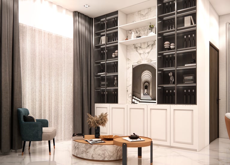 Interior design showcasing crockery unit alongside a bold statement chair and coordinated room styling by CASA DESIGNERS