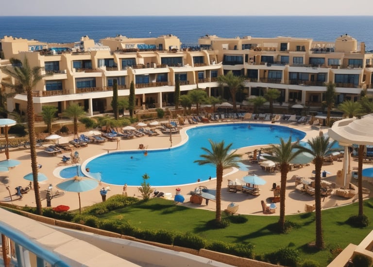 Modern apartment building with panoramic sea views and palm tree surroundings.