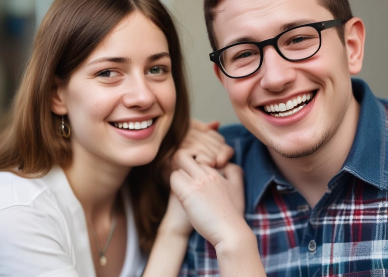 A caregiver gently assisting a smiling adult with autism in a bright, homey living room.