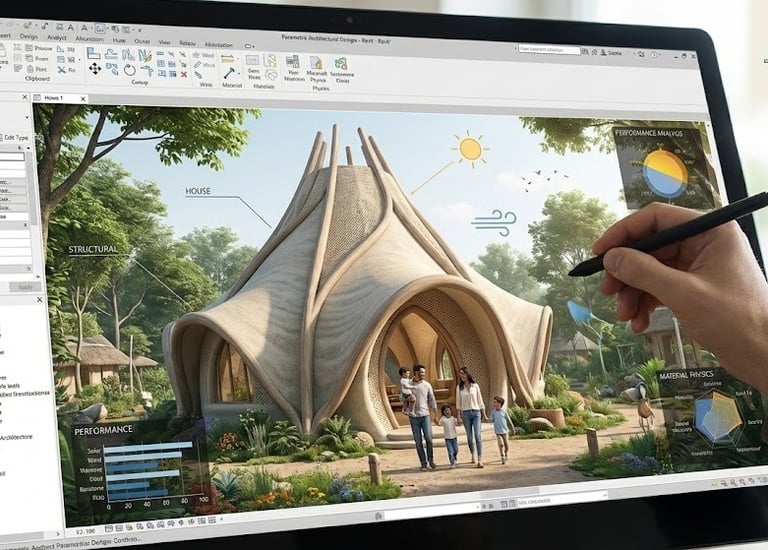 "Concept art shows a designer using a tablet to create a biophilic, shell-shaped home with performan