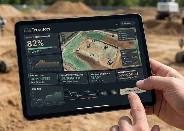 "Close-up of a hand holding a tablet displaying a construction OS dashboard with a site map, real-ti