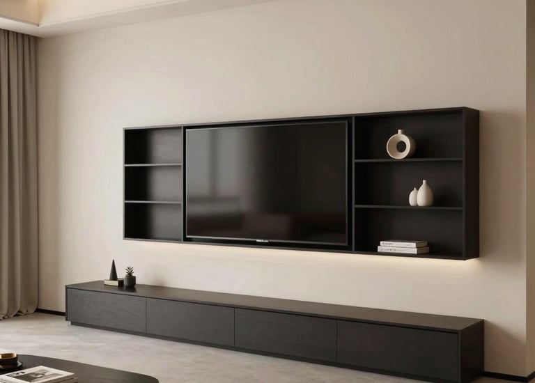 Minimalist bedroom interior featuring bespoke bed frame and soft neutral tones.