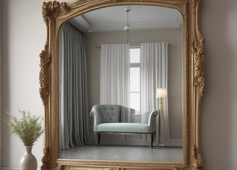 Reflection of a clean decorative mirror in a cozy home setting.