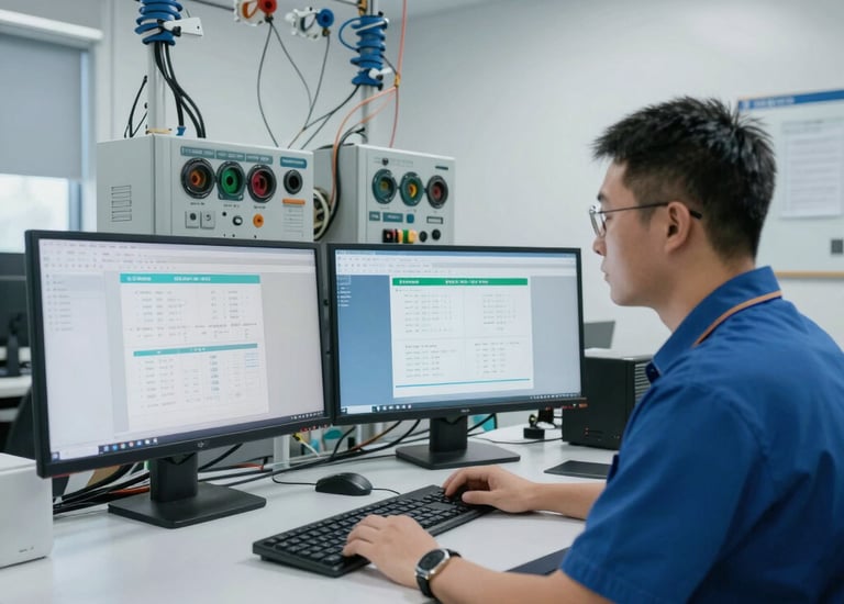 Technician installing structured cabling in an office environment.