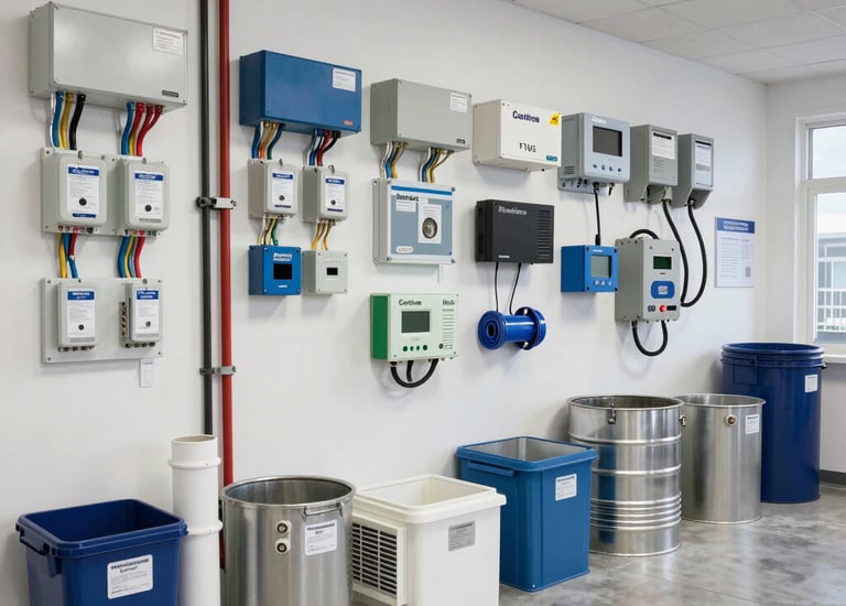 Industrial warehouse with bright overhead lighting and structured cabling.