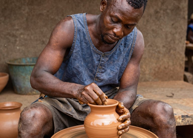 An intimate gallery space featuring sculptures inspired by African heritage.