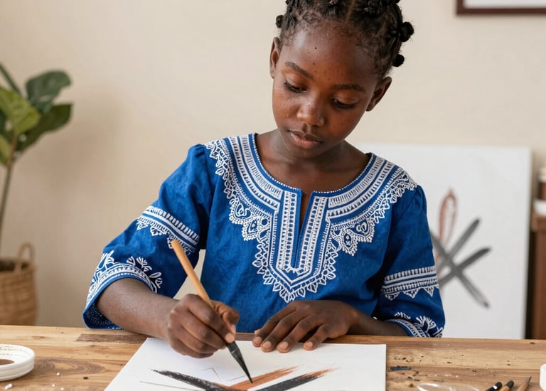 An artist at work in a sunlit studio surrounded by vibrant canvases and sculptures.