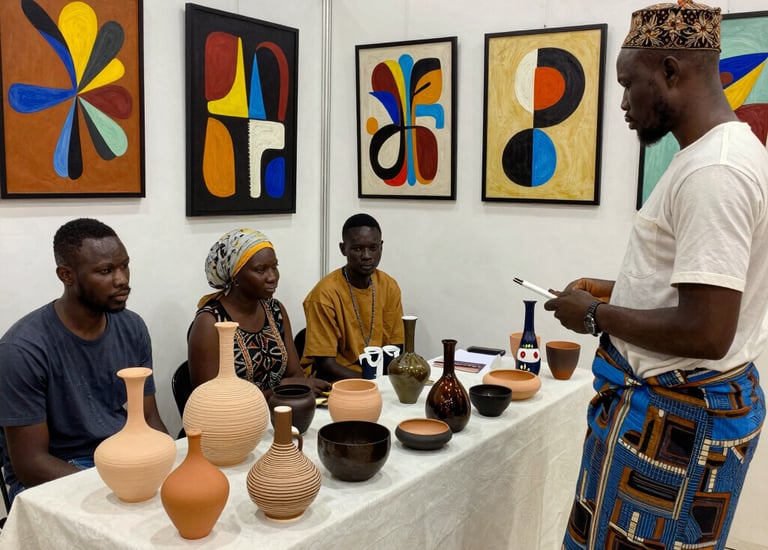 A vibrant gallery space filled with contemporary African artworks and visitors engaging deeply.