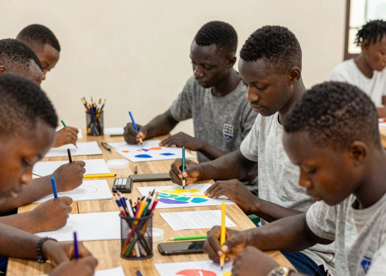 A sleek, minimalistic gallery space showcasing bold African artworks under soft lighting.