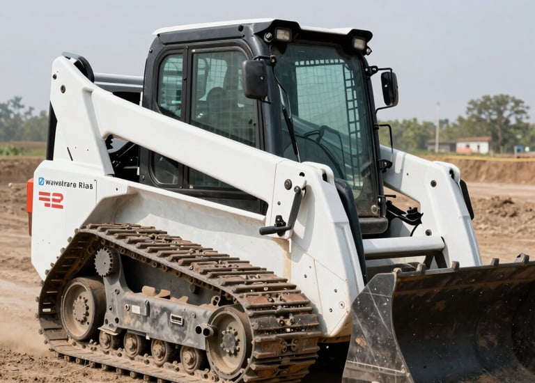 Heavy machinery grading a gravel driveway under a bright sky.