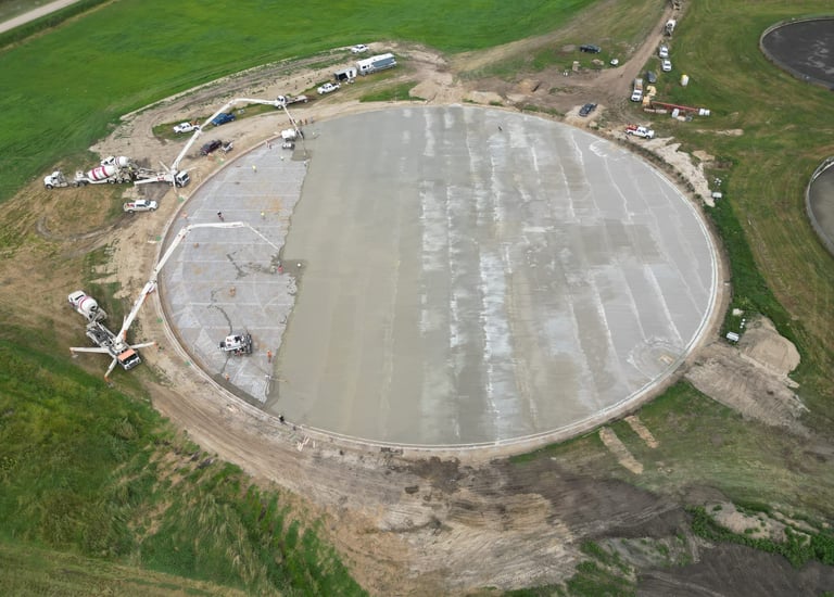 Large commercial concrete foundation pour viewed from above in southern Manitoba