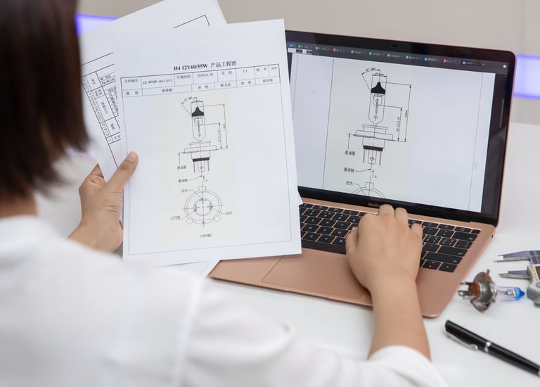 Engineer reviewing H4 halogen headlight bulb technical blueprints on a laptop and paper.