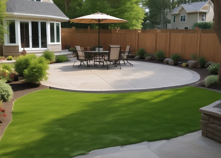 A charming backyard patio with warm-toned concrete and comfortable seating.