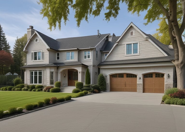 Freshly poured concrete driveway glistening under morning light in a cozy suburban home.