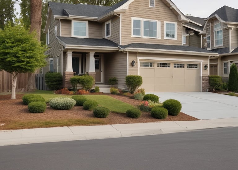Wide sidewalk bordered by green grass and flower beds in a quiet neighborhood.