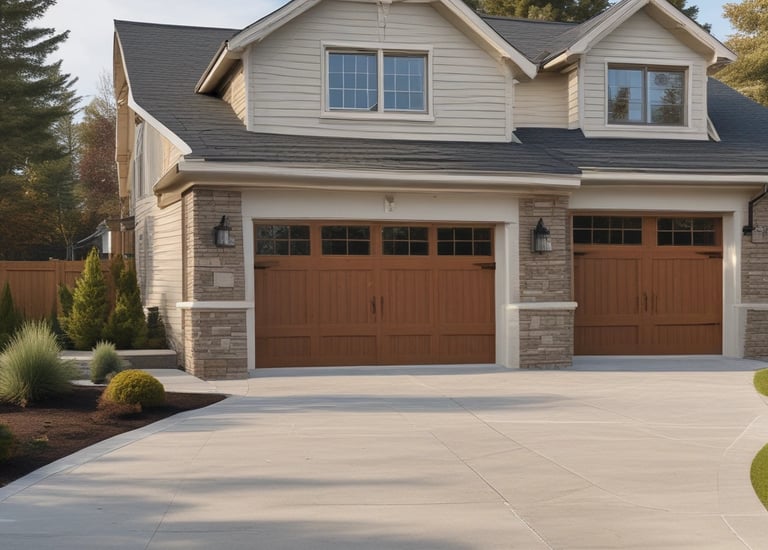 A freshly poured concrete driveway bordered by green lawn on a sunny day.