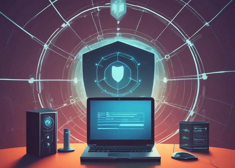 Futuristic circuit board design blending into abstract atomic structures