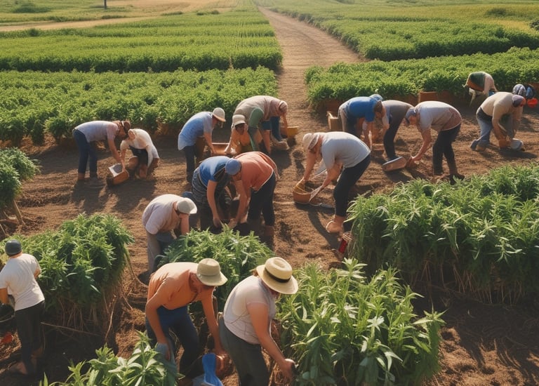 Rows of pear trees with fruit hanging under a clear blue sky.