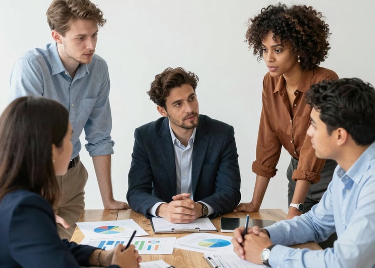 Team meeting discussing investment project plans around a table.