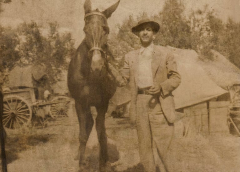 Luis Gómez Botía con su caballo Goloso en sus tierras de Guadalupe, en la huerta de Murcia