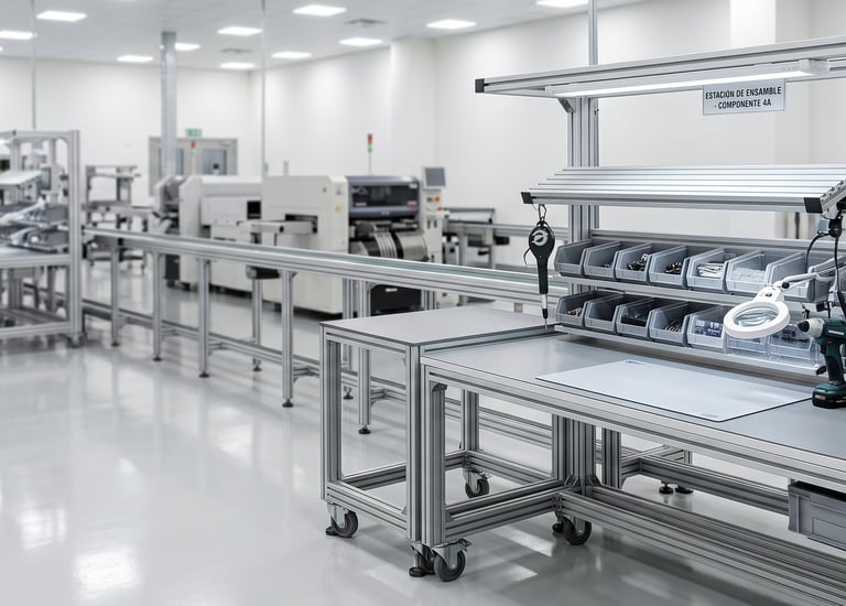 Modern electronics manufacturing facility featuring automated assembly lines and ergonomic workstations.