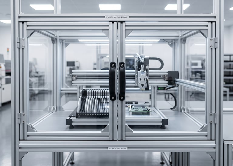 Automated pick and place machine for PCB assembly in a cleanroom electronics manufacturing facility.