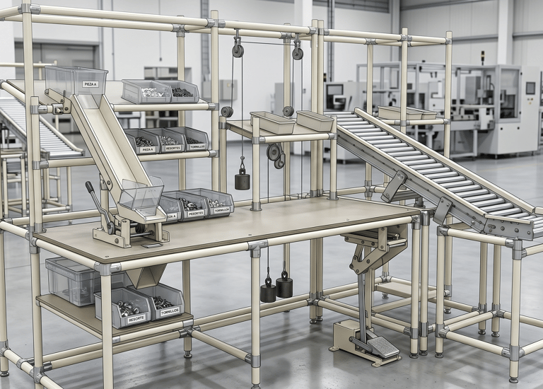 Modular pipe and joint industrial workbench with roller conveyor and gravity feed bins for lean manufacturing.