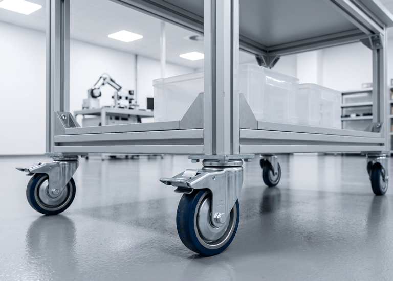 Heavy-duty blue swivel casters mounted on an industrial aluminum profile trolley in a cleanroom laboratory.