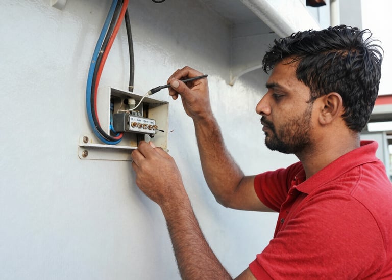 Electrician inspecting complex marine electrical panels inside an engine room.