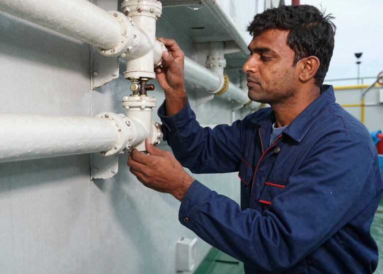 Technician fitting new plumbing pipes along a ship’s interior bulkhead.