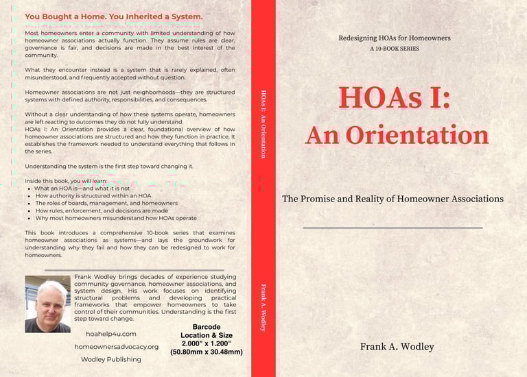 Full book cover for HOAs I: An Orientation by Frank A. Wodley, featuring red and white design and informational text.