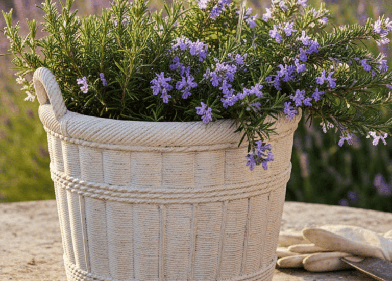 A plant in a white concrete textured rope planter available through Palm Springs Regency