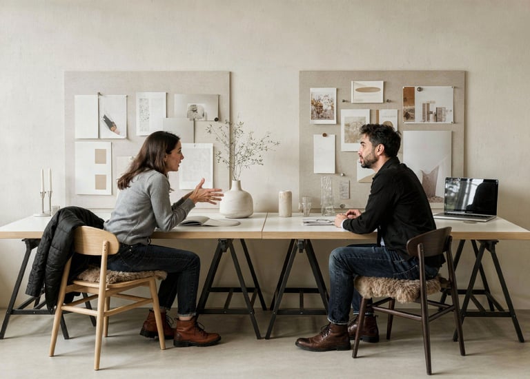 Dos profesionales creativos colaboran en un escritorio de madera  en una oficina de estudio