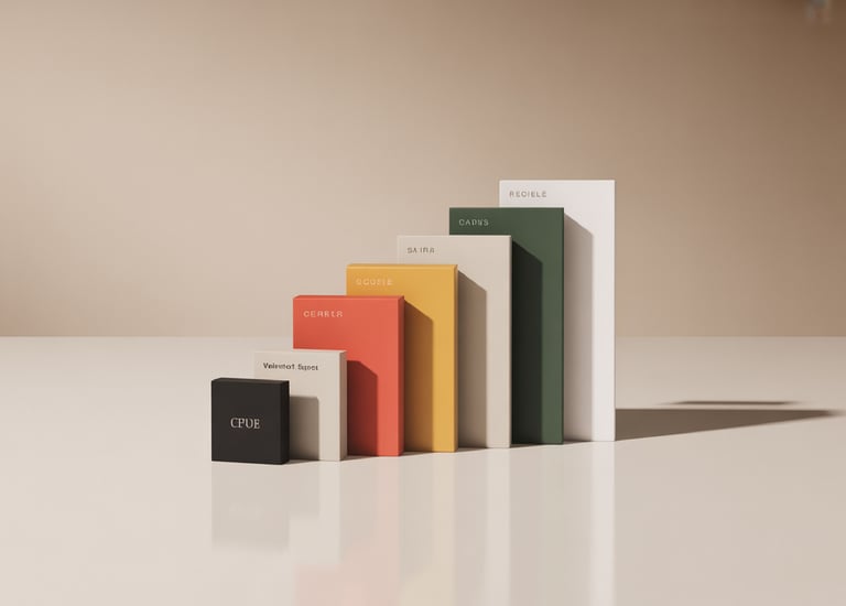 Cajas de productos minimalistas y coloridas en tamaños graduados puestas sobre un fondo de estudio