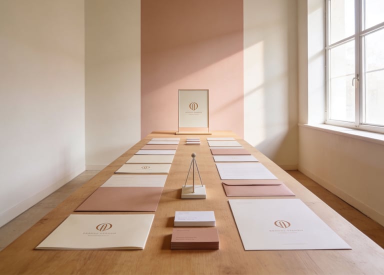 Papelería corporativa elegante y materiales de marca exhibidos en una mesa de madera en un estudio