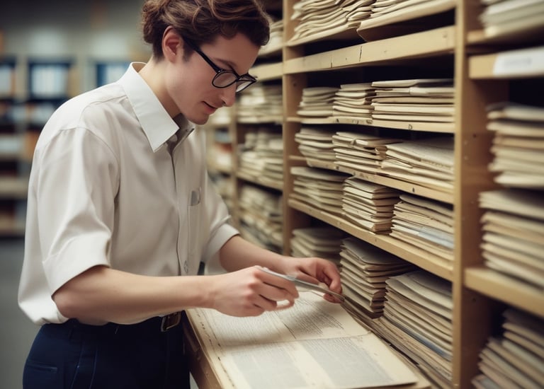 An adoption search assistant examining public records in a cozy office setting.