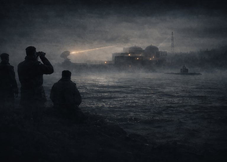 Silhouetted figures watch a fog-shrouded WWII coastal research facility