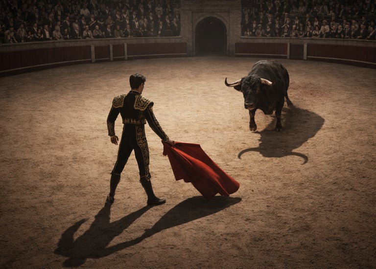 Spanish matador in black and gold facing a charging bull in a traditional bullring