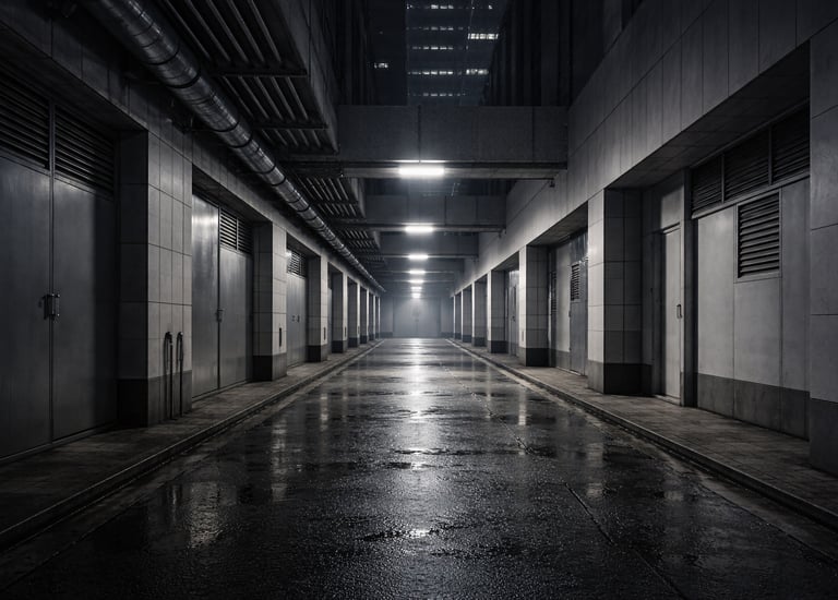 Narrow exterior urban corridor at night with repeating doors and overhead lighting.