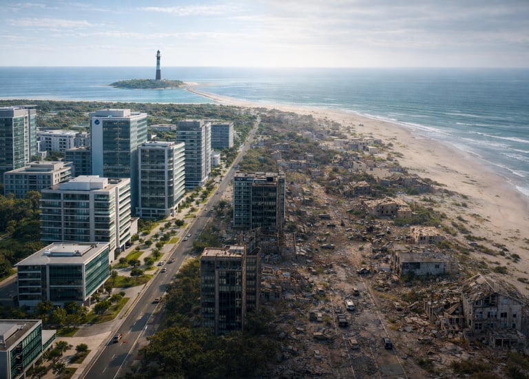 Aerial view of Island transitioning from modern buildings to coastal decay, with lighthouse