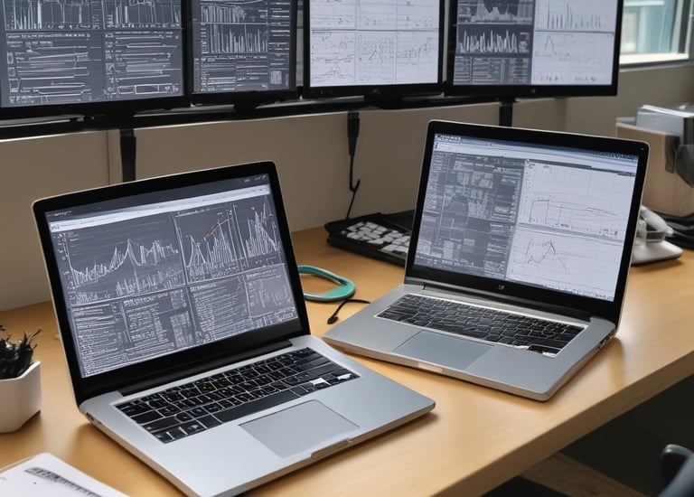 Modern office workspace with team discussing ERP data on large screen.