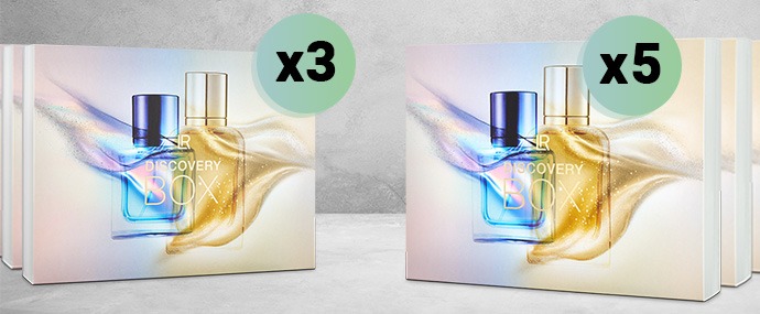 Bundles of three and five perfume discovery boxes featuring luxury fragrance samples.