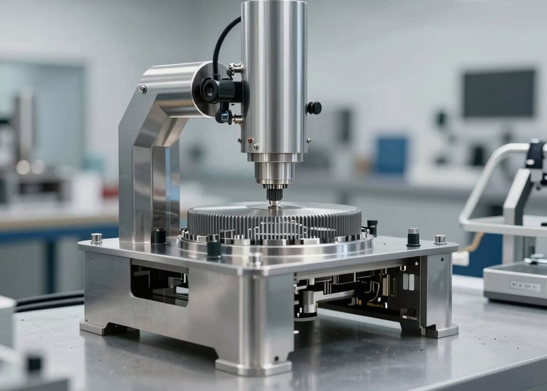 Array of polished metal components laid out on a workbench.