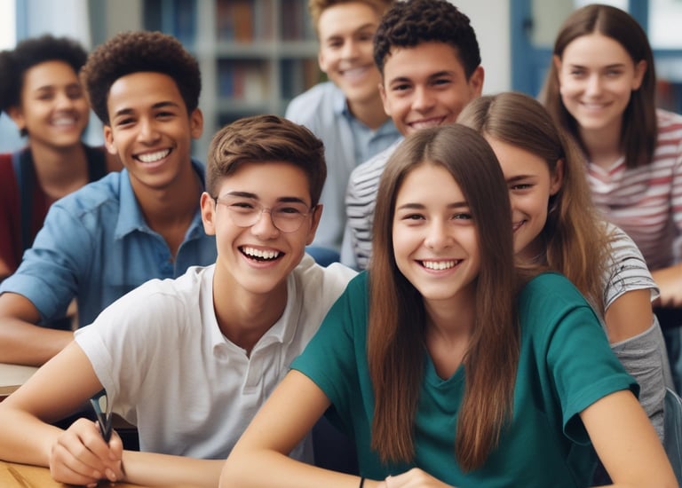 A group of teenagers reading colorful mental health booklets together in a cozy community center.