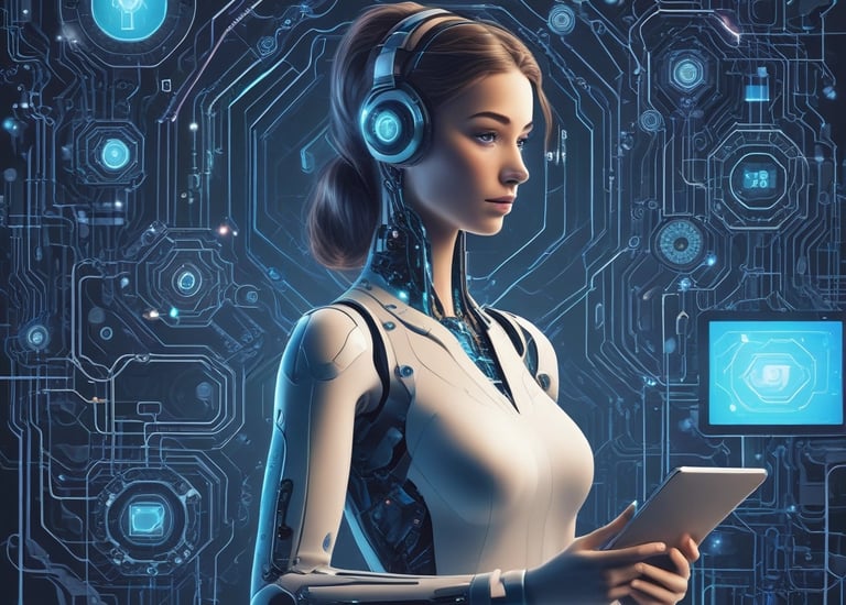 A team collaborating around a computer with AI interface visuals