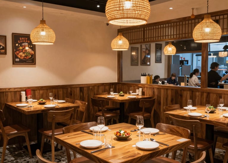 Elegant restaurant dining room with ambient lighting and neatly set tables.